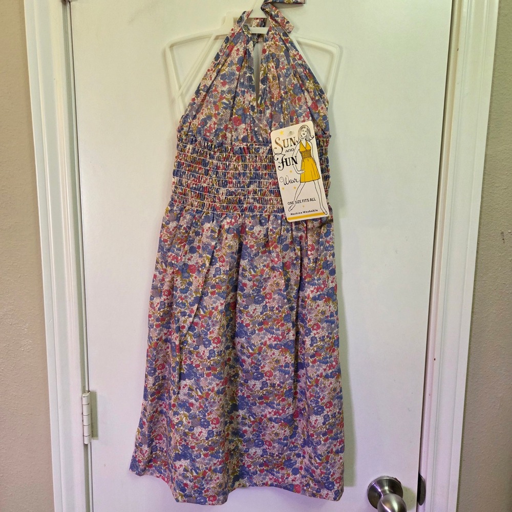 Sun and Fun Wear Vintage Floral Halter Dress Smocked Bodice Multicolor Kids OSFA